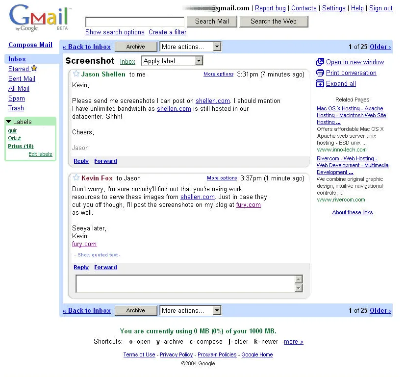 Gmail's expanded conversation view in April 2004, posted by its interface designer Kevin Fox.