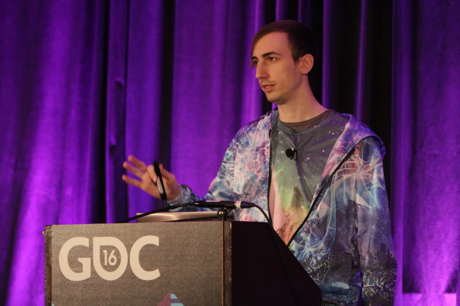 Armin Ibrisagic discussing Goat Simulator at GDC 2016. Official GDC photograph, CC BY 2.0.