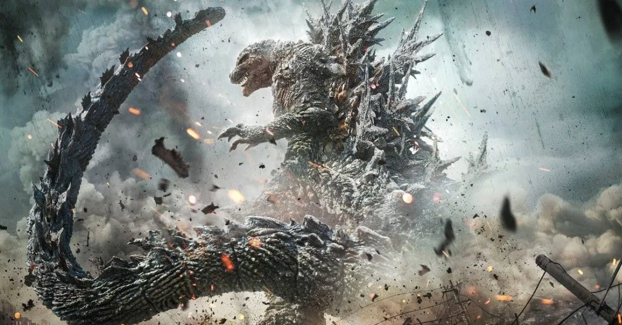 Godzilla destroying a city and a woman watching godzilla through a train car