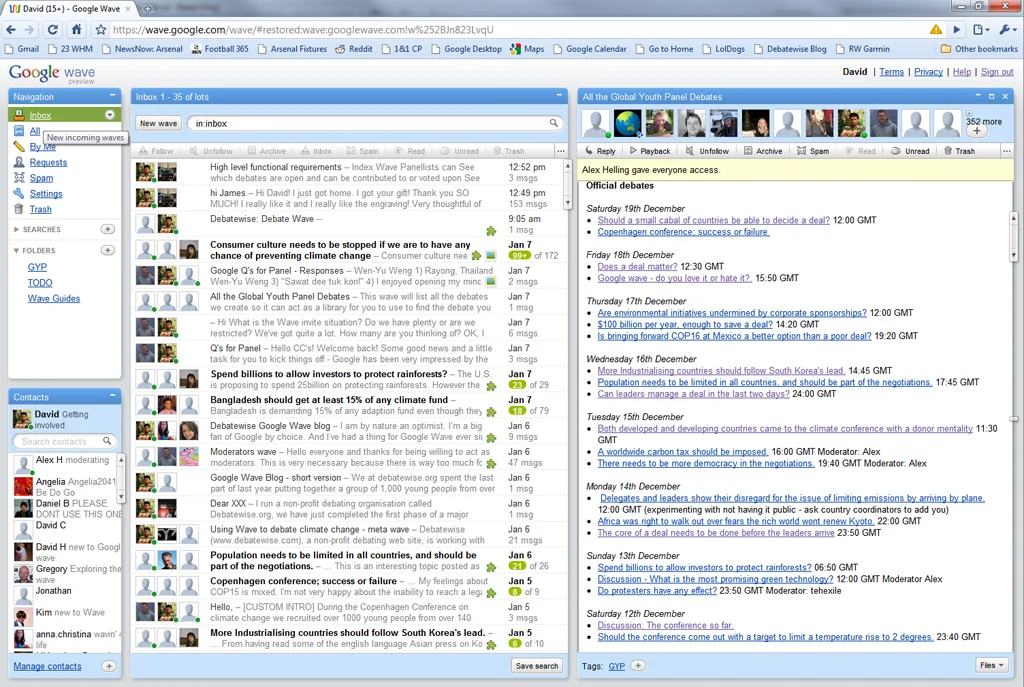 Wave interface showing the Global Youth Panel debate index, inbox and contacts, from an official Google Wave Blog guest post.