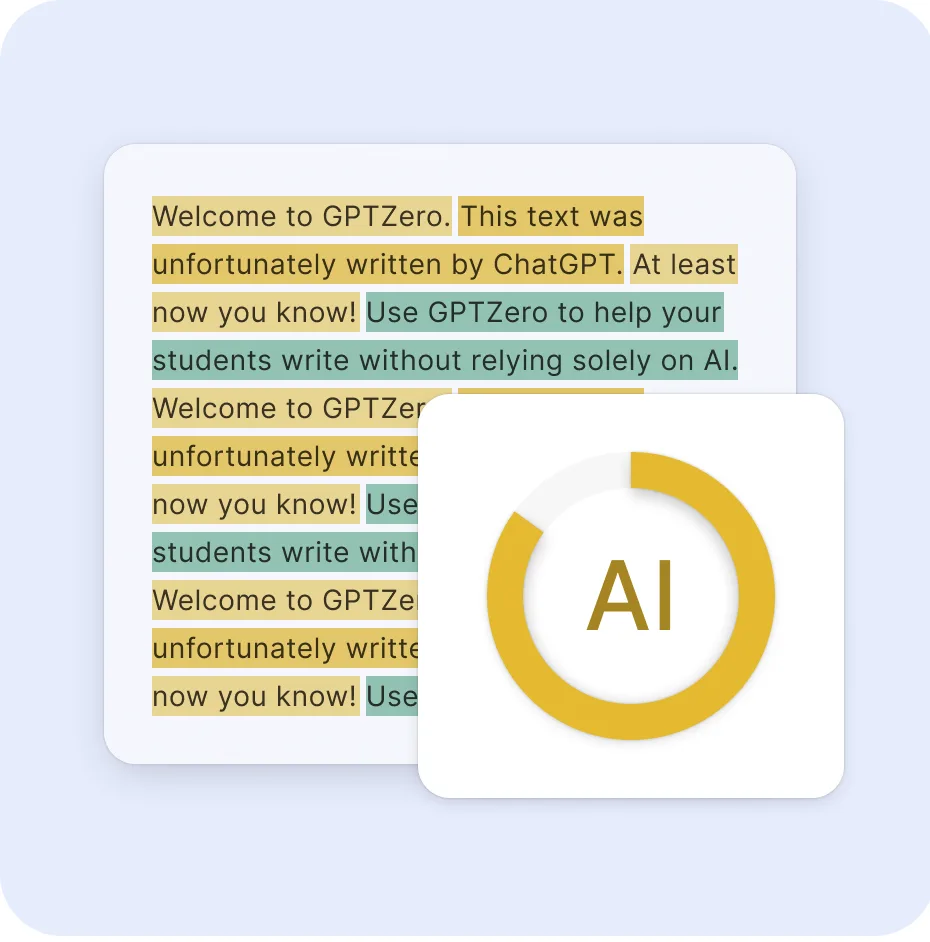 Official GPTZero illustration showing sentence highlights and an AI probability indicator.