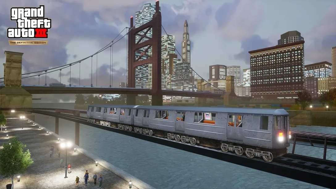 GTA III Definitive Edition screenshot of Liberty City and an elevated train, released by Rockstar in 2021.