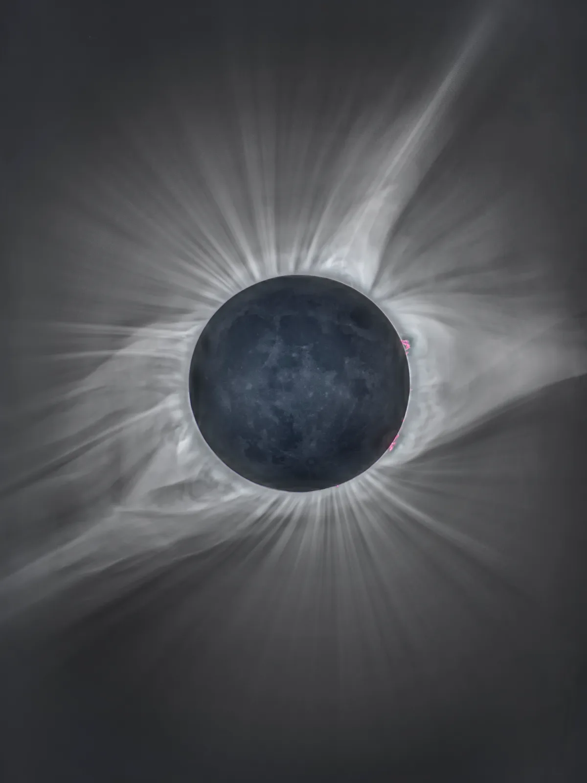 Total solar eclipse image taken through Takahashi FS152 with a f6 focal reducer and a Canon 5D MarkIV, exposure bracketing was used in seven steps from 1/2 sec to 1/8000 sec. Image was processed in…