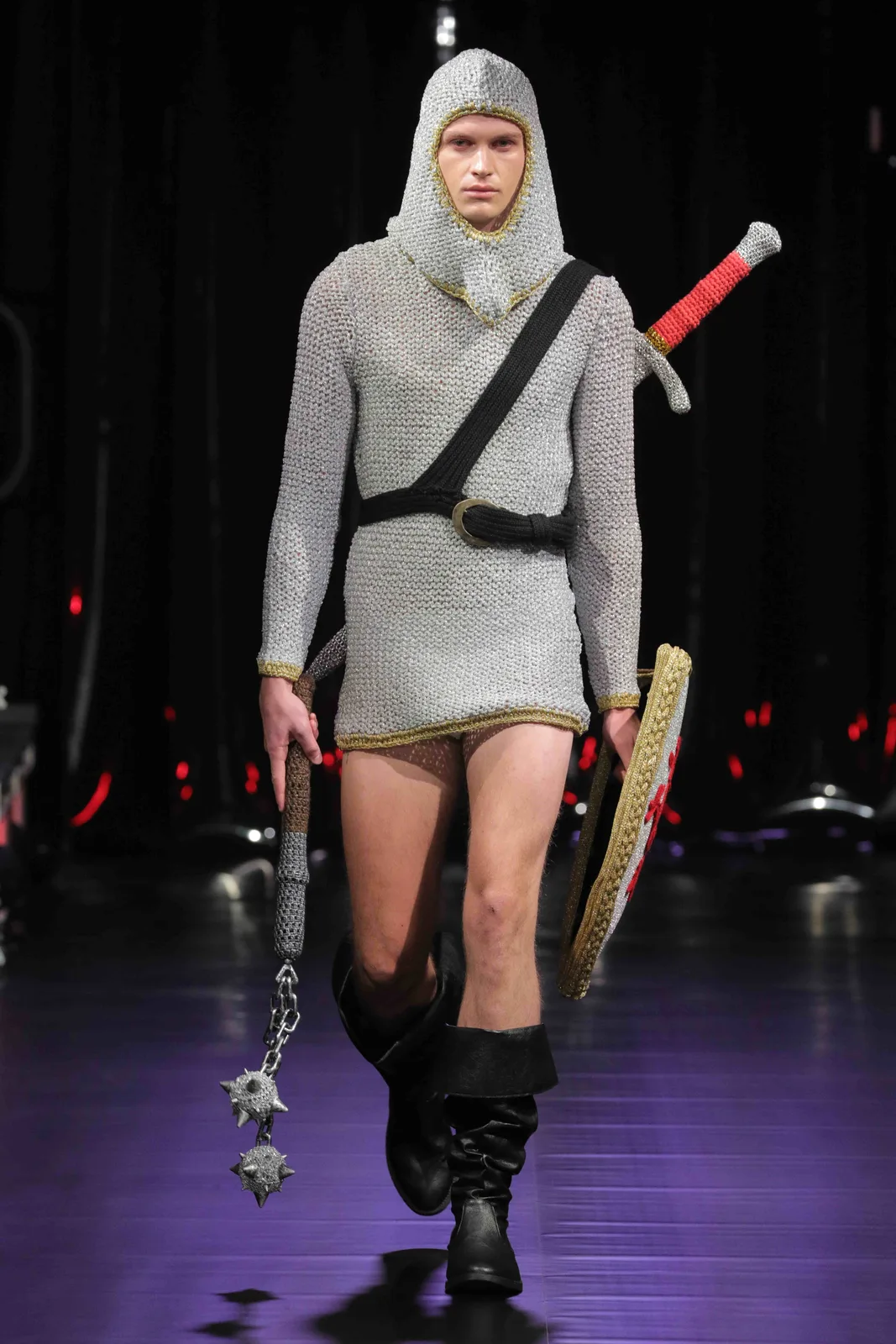 The knitted Knight look on the I Wool Survive runway, from Grindr’s official collection gallery.
