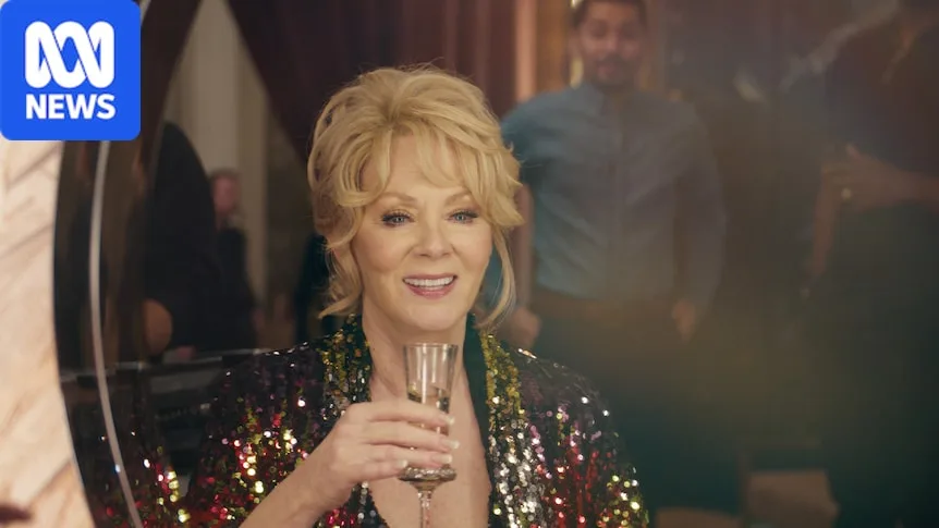 A woman in her late 60s with blonde hair and wearing a sparkly outfit, holds a glass of champagne and looks into a mirror