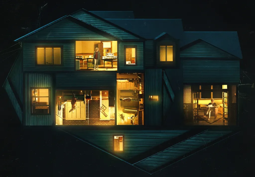 The Graham family house lit at night, from the Hereditary trailer.
