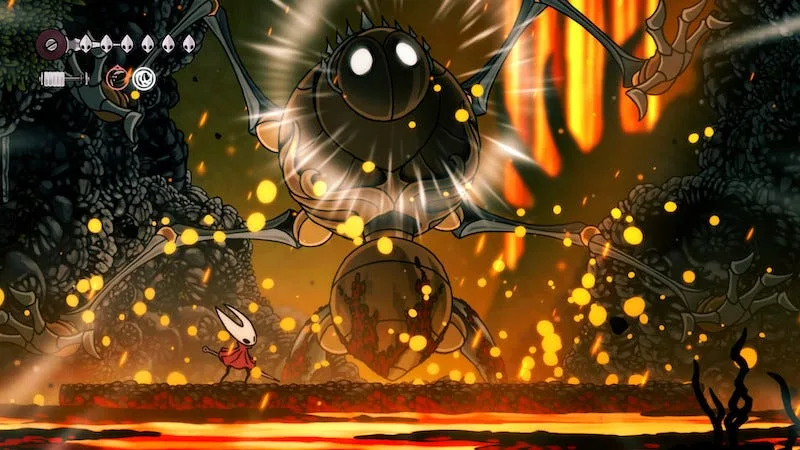 A Silksong boss fight with glowing eyes
