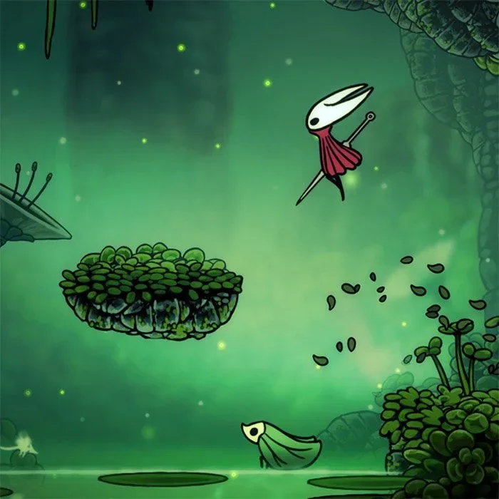 Hornet leaping across mossy platforms in Silksong