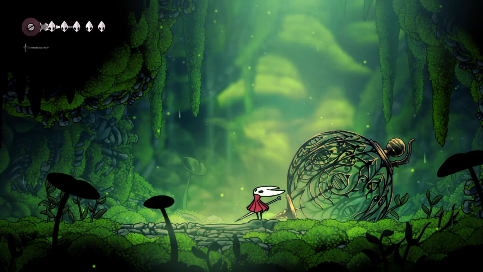 Official Silksong gameplay screenshot showing Hornet in the Moss Grotto.