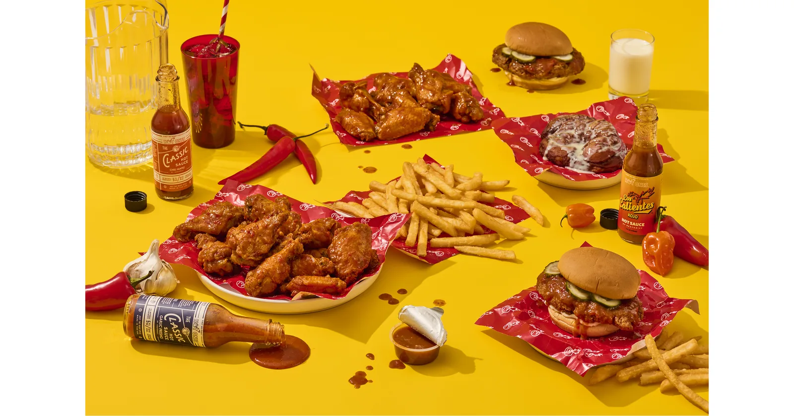 Wings, fries and sandwiches from the Hot Ones delivery menu.