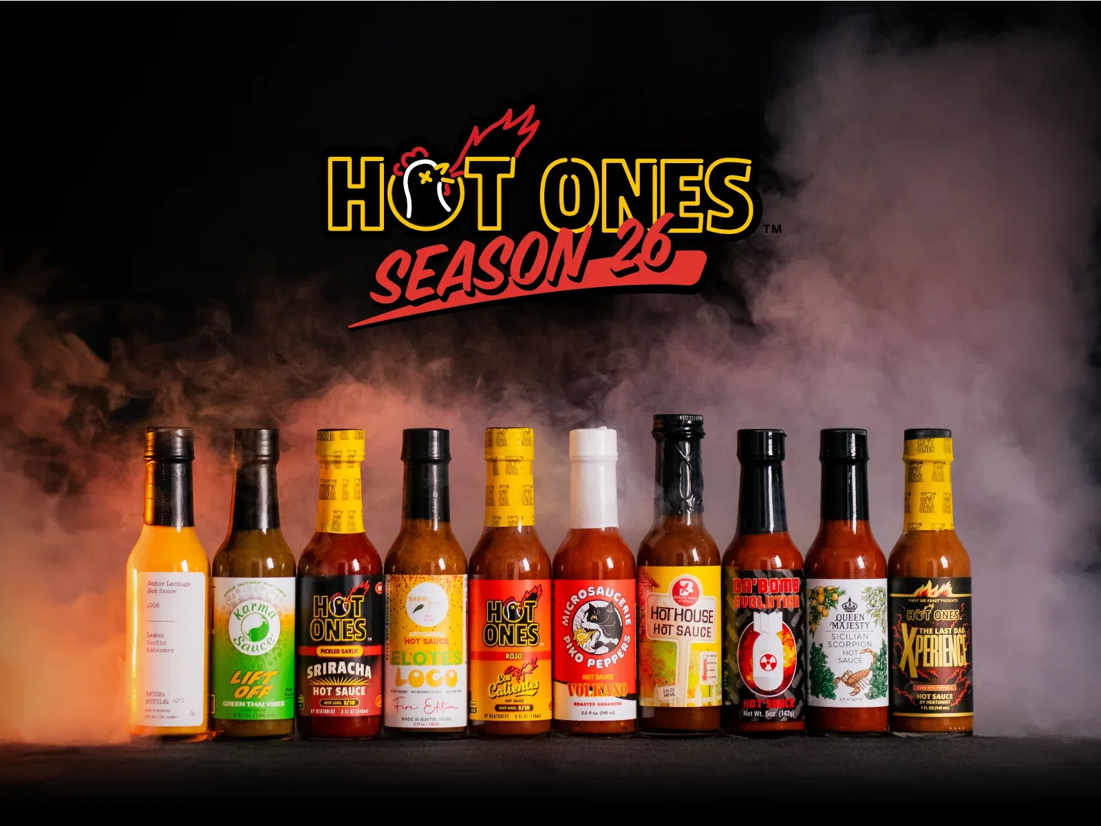 The Hot Ones season 20 sauce lineup.