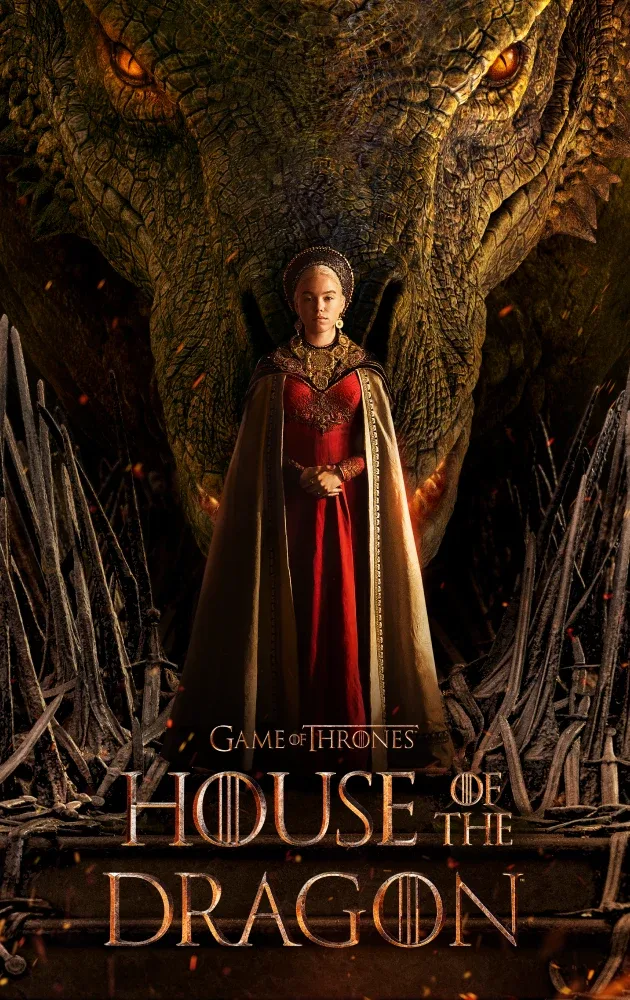 House of the Dragon launch key art: a Targaryen in red before a dragon.