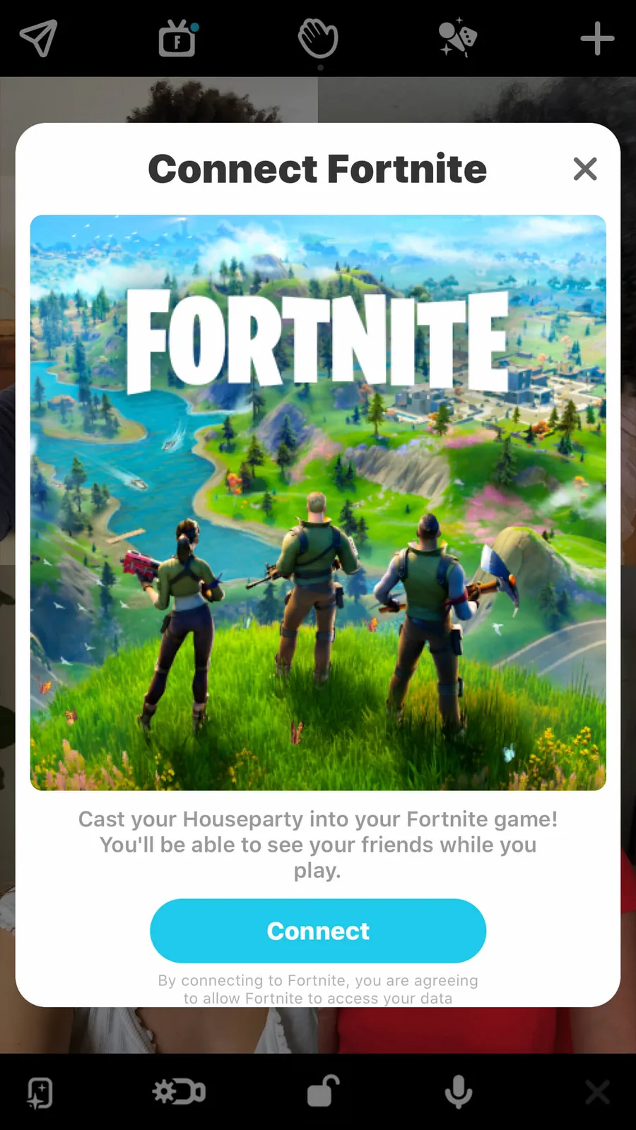 The Houseparty screen for connecting a Fortnite account.