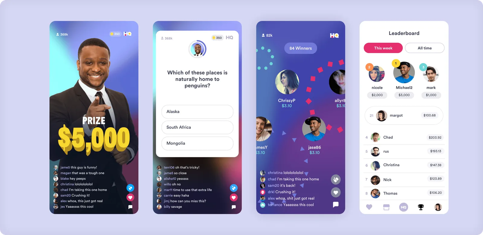 Big Human design mockups of HQ Trivia gameplay, results and the leaderboard.