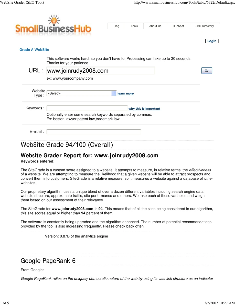 First page of HubSpot’s March 2007 Website Grader report with score and recommendations
