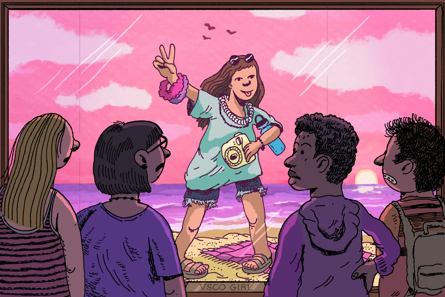 Illustration of a VSCO girl with a Hydro Flask among friends