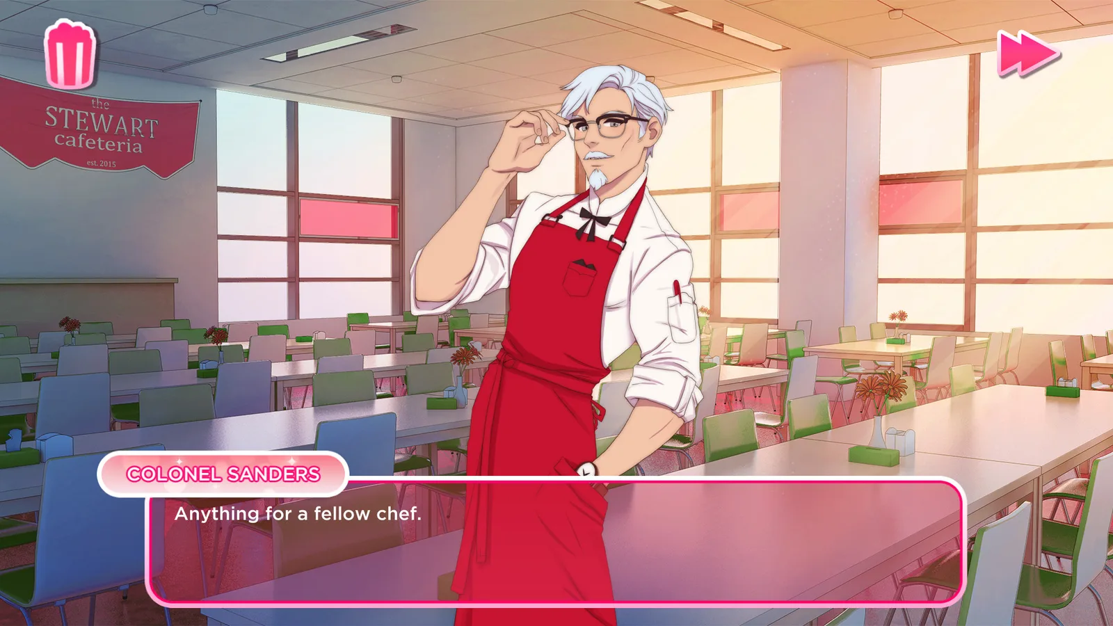 Official Steam screenshot of the Colonel Sanders dating simulator.