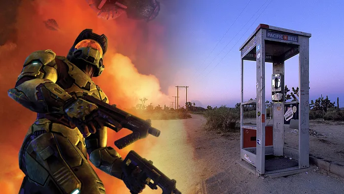 Official campaign-reel artwork pairs Master Chief with a Pacific Bell payphone.