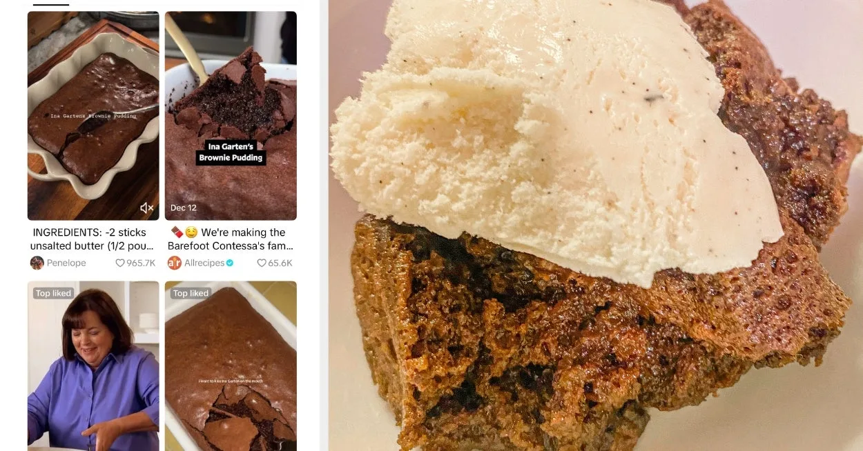 Brownie pudding topped with vanilla ice cream; side image shows step-by-step baking process and recipe ingredients