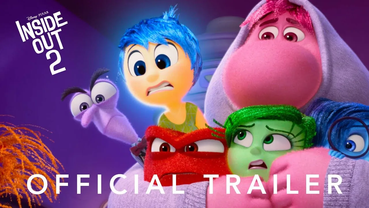 Inside Out 2 official trailer title card with Joy, Embarrassment and Anxiety.