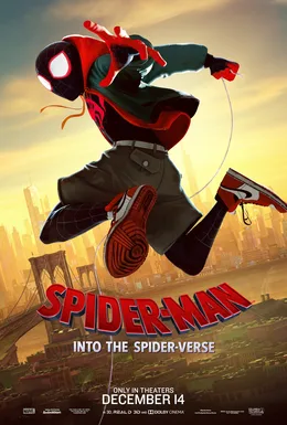 Into the Spider-Verse theatrical poster: Miles Morales falling upside down over the city