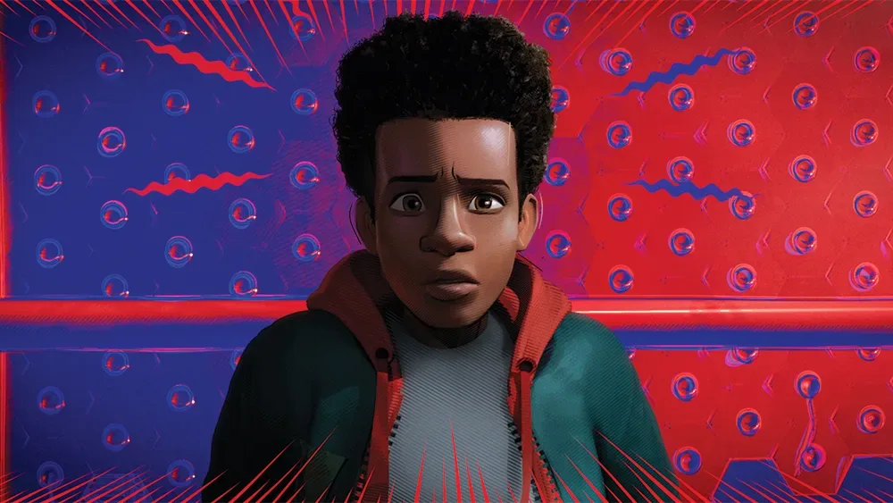 Miles Morales against a red graphic background