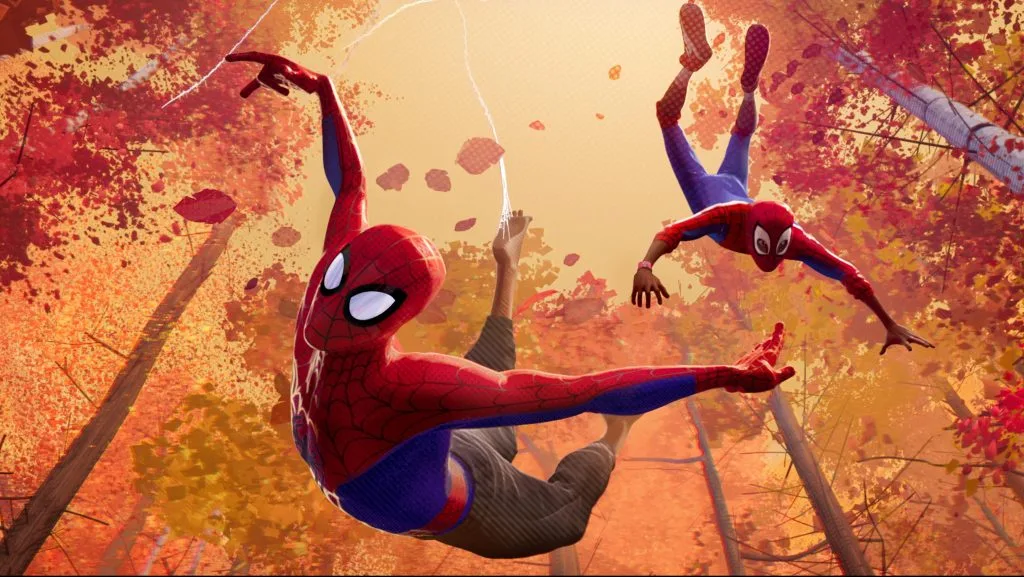 Miles Morales and Peter Parker swinging through autumn trees