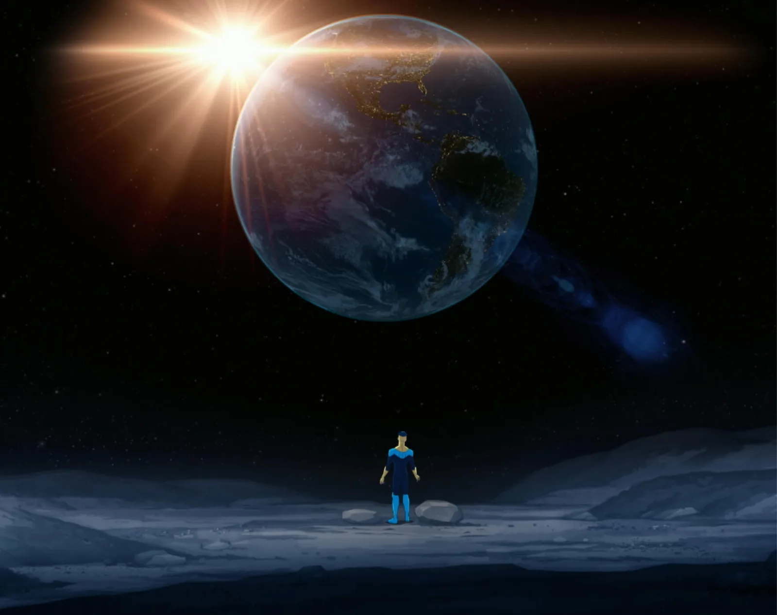 Invincible stood on the Moon looking toward Earth; clean official still, visually checked.
