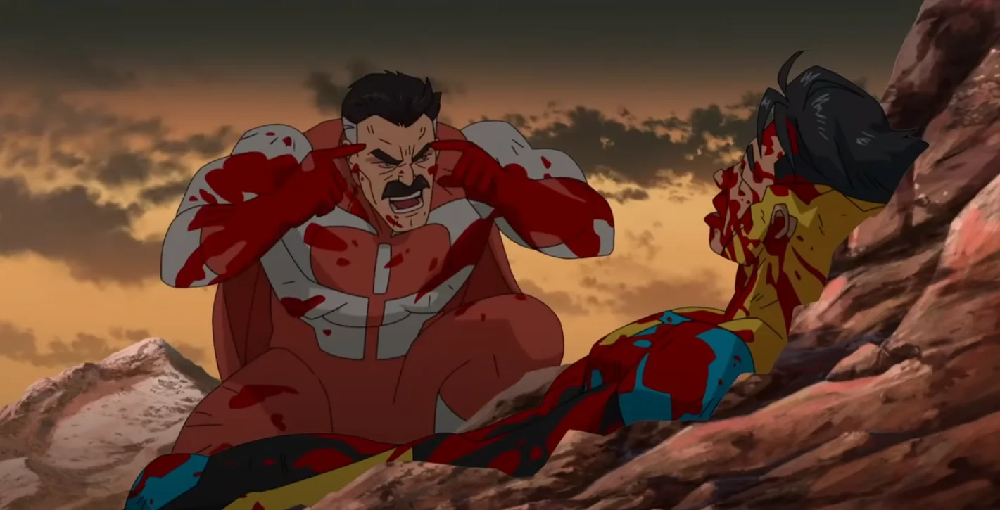 A bloodied Omni-Man in the 'Think, Mark!' scene.