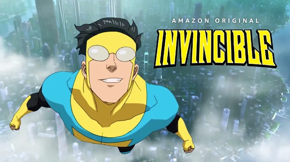 Invincible key art: Mark Grayson flying over the city.