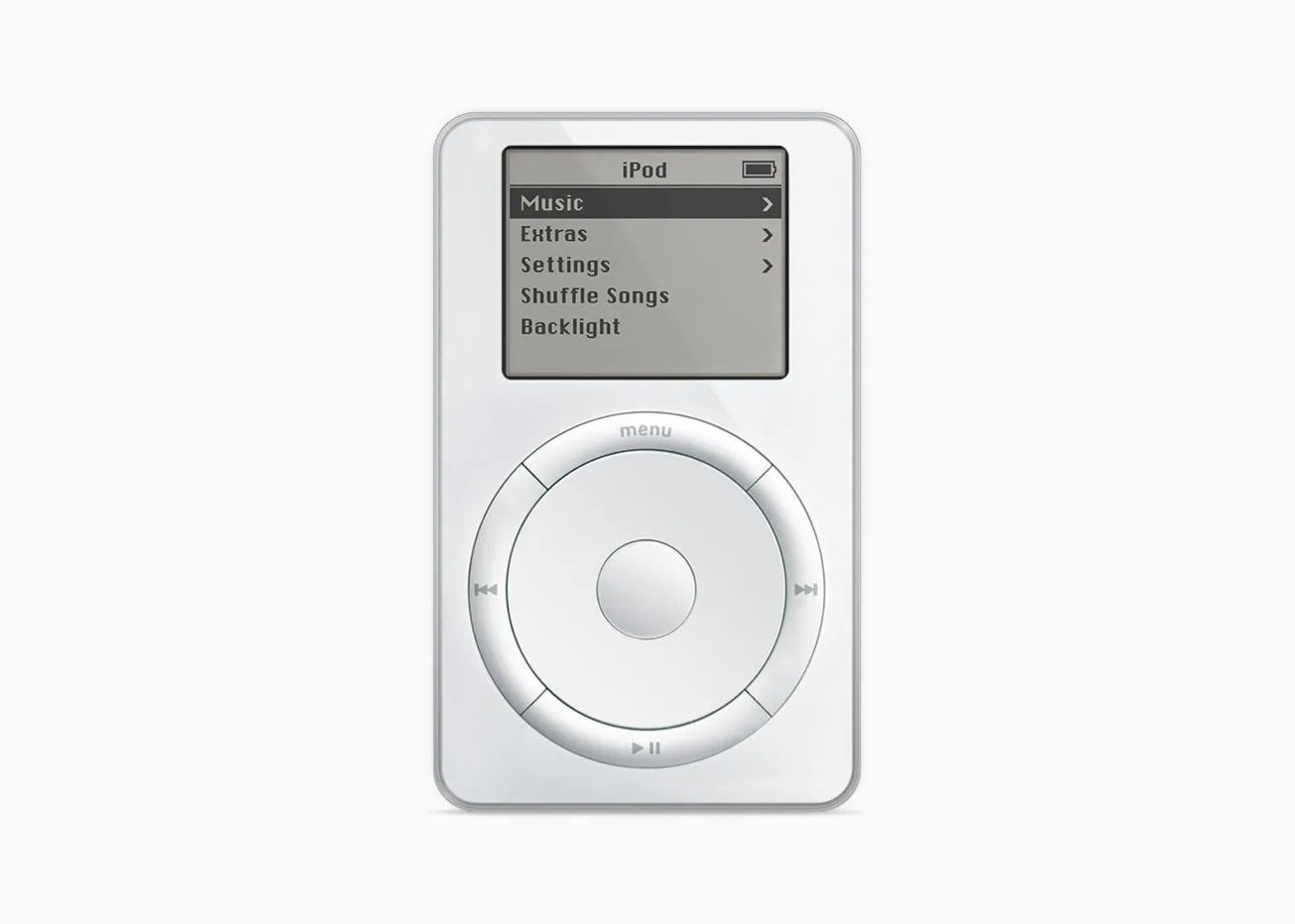 Apple’s photograph of the original white iPod with its mechanical scroll wheel.