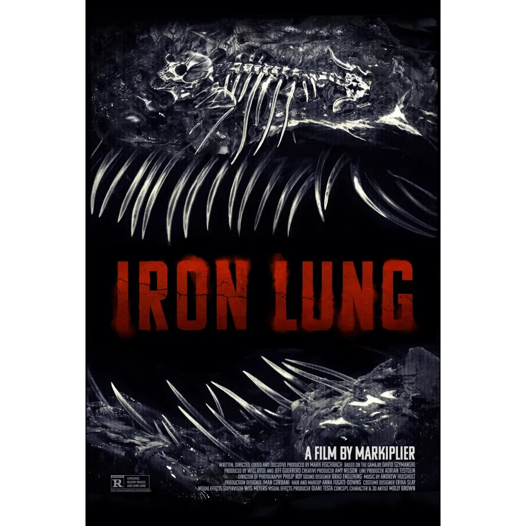 Official Iron Lung poster featuring skeletal sea creatures and the film’s title.