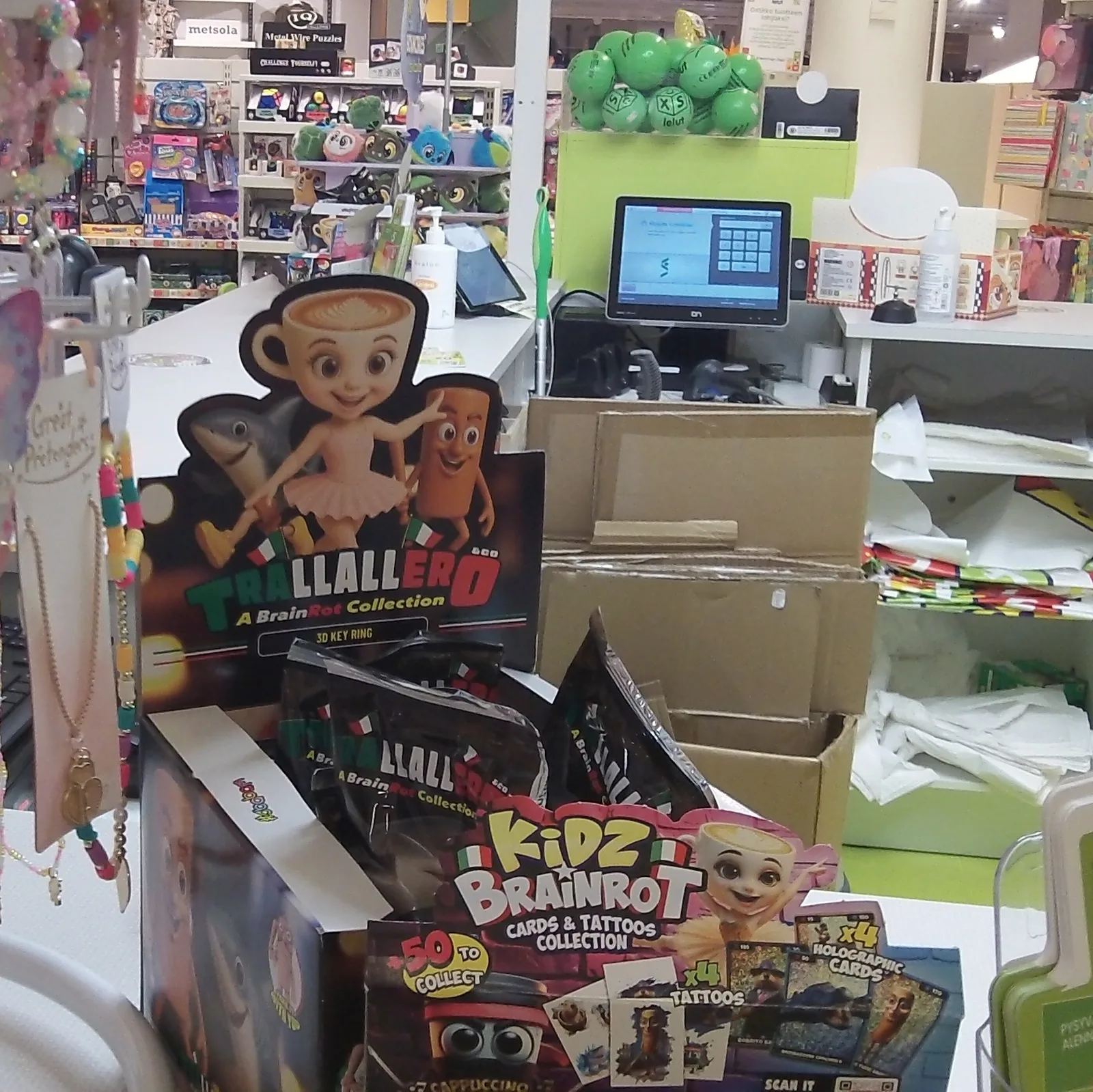 Kidz Brainrot cards and temporary tattoos in a Helsinki toy store, October 12, 2025; CC0 photograph.