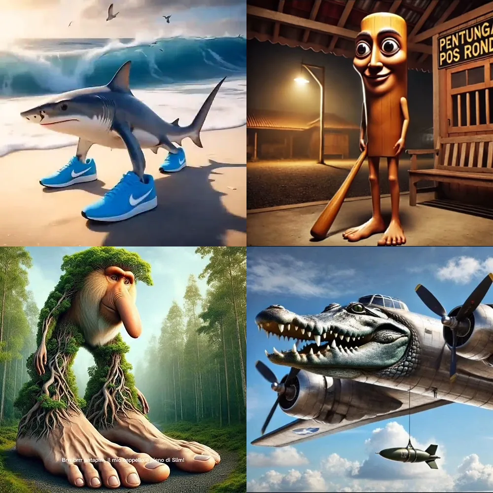 Characters from the Italian brainrot. From left to right and top to bottom: Tralalero Tralala, Tung Tung Tung Sahur, Brr Brr Patapim and Bombardiro Crocodilo.