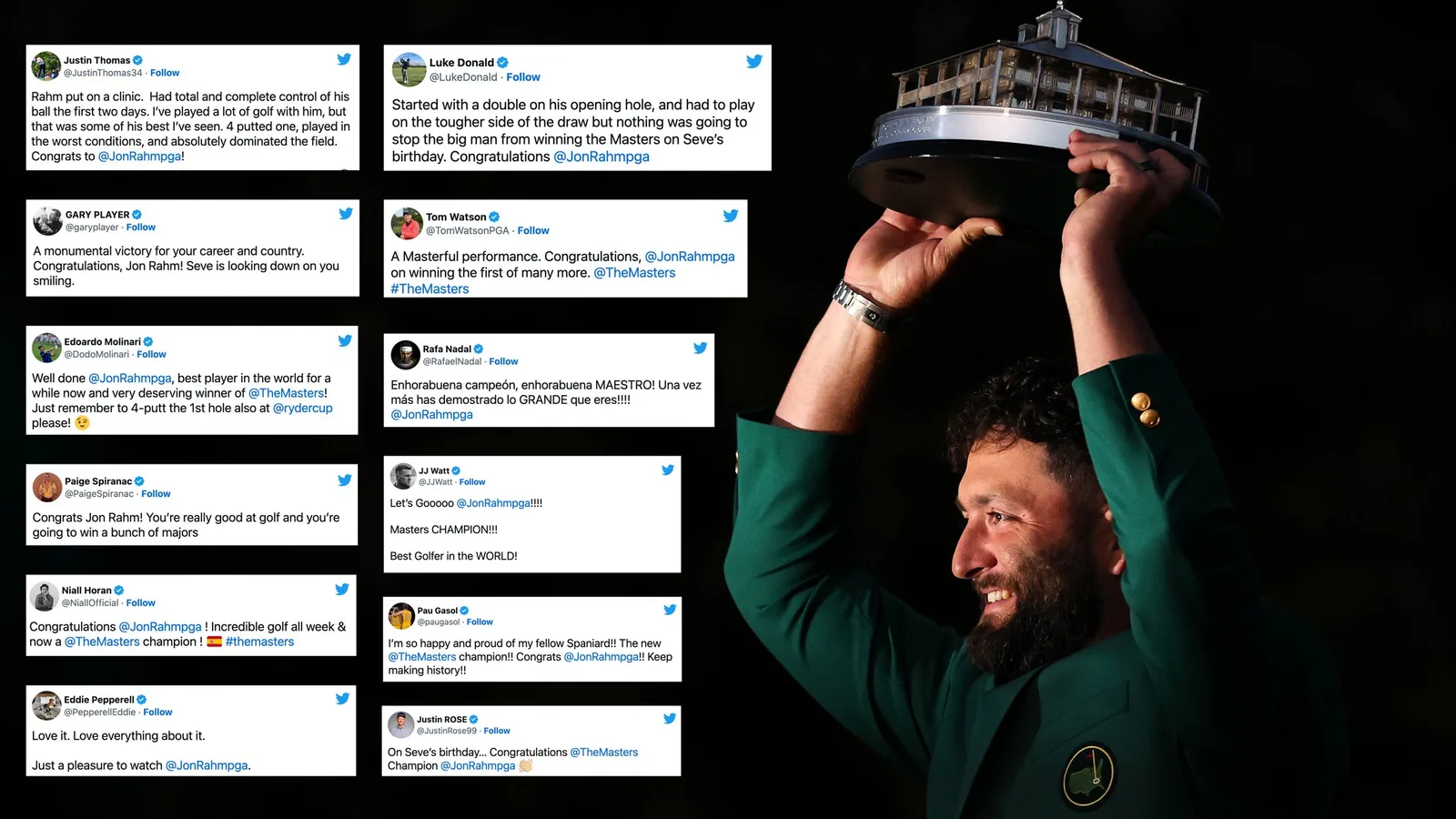Jon Rahm overlayed with tweets congratulating him for winning the 2023 Masters
