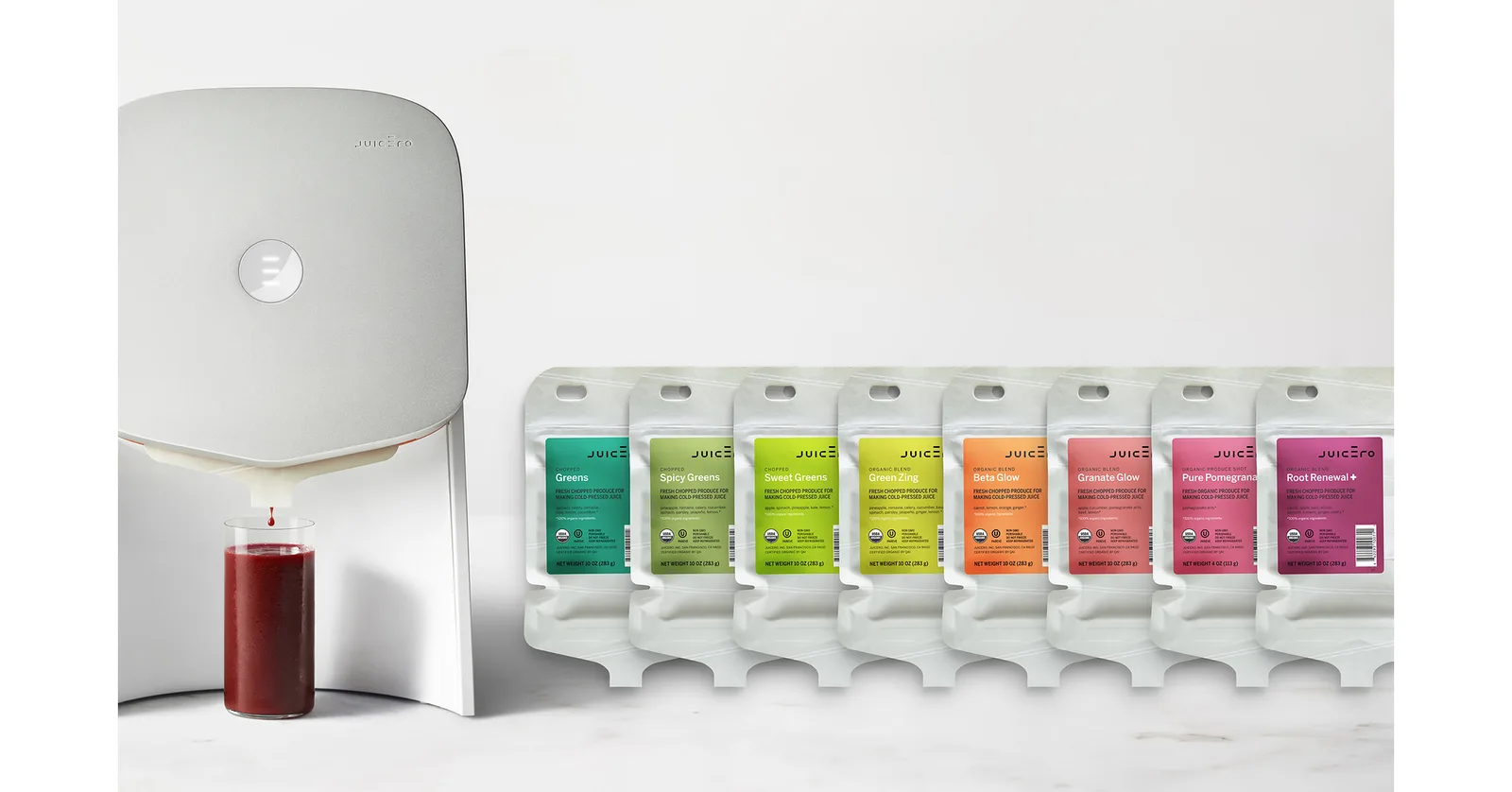 Official Juicero press and Produce Packs product photograph from its January 2017 price announcement.