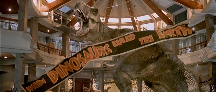 The visitor center's When Dinosaurs Ruled the Earth banner falling