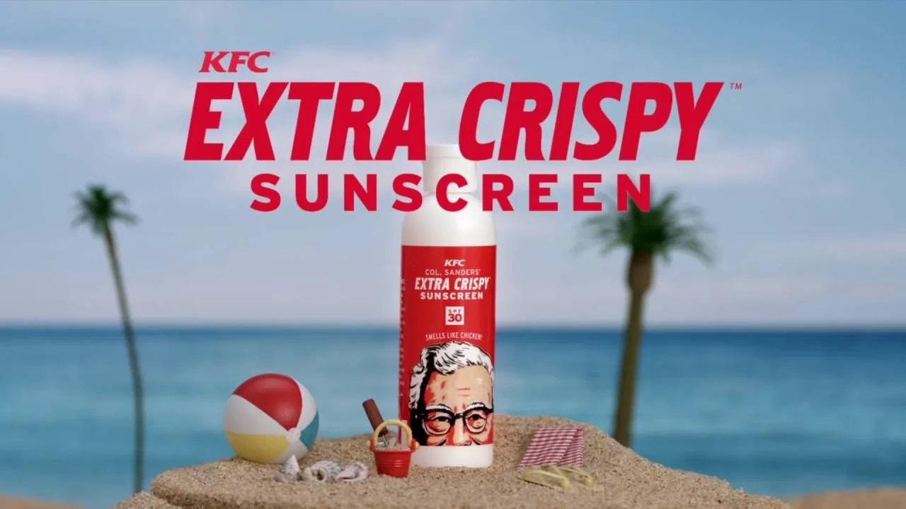 A fried chicken-scented sunscreen giveaway promoted by an infomercial starring George Hamilton as the Colonel.