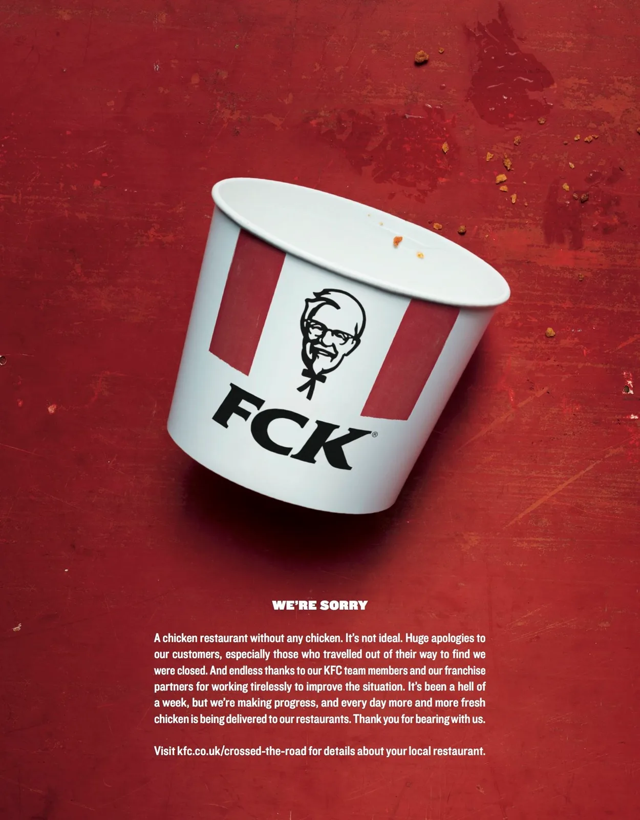KFC's full FCK newspaper apology, with the empty bucket, apology copy and restaurant-status URL.