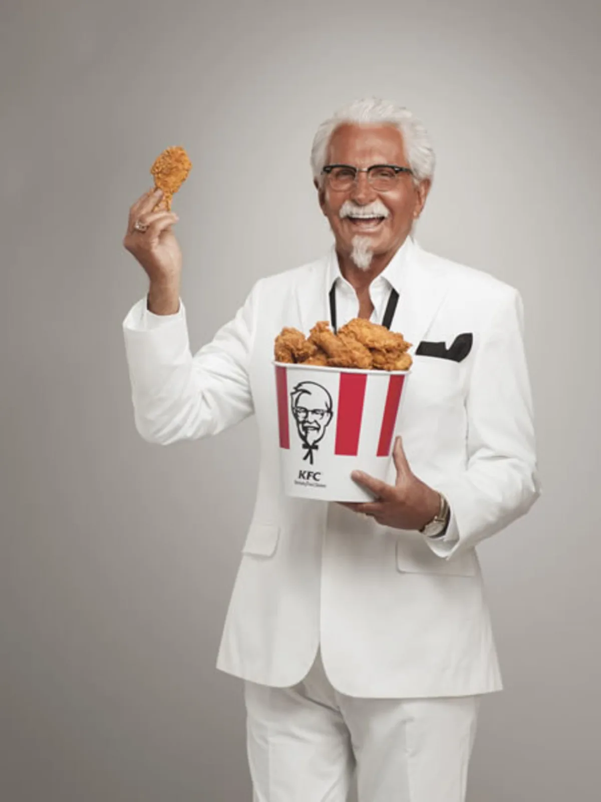 Official KFC press photo of George Hamilton as the Extra Crispy Colonel.