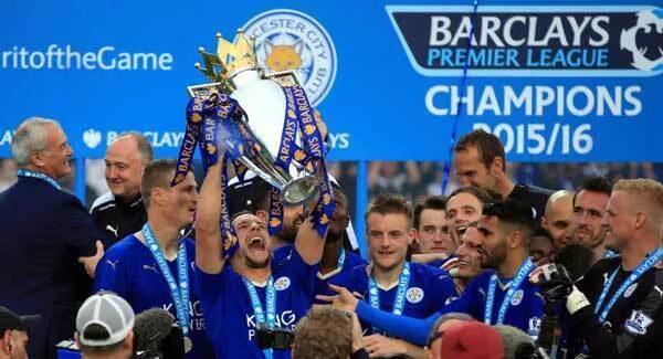 Leicester City lift the Premier League trophy, May 2016