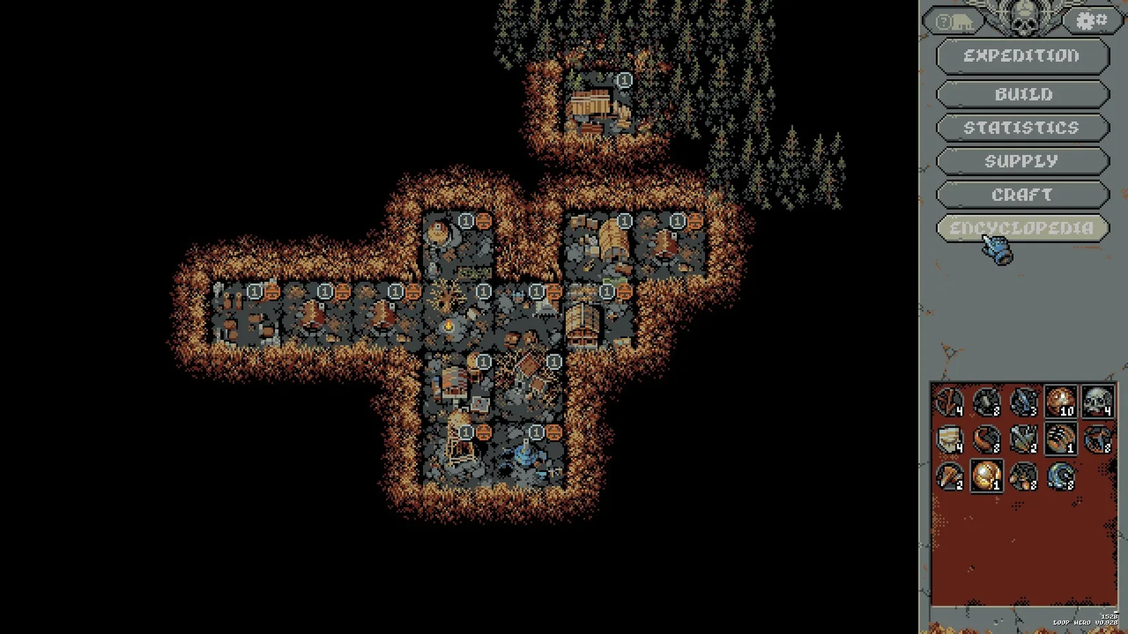 Loop Hero survivor camp with buildings and an item inventory.