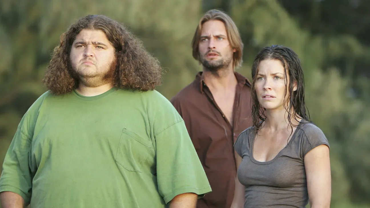 Hurley, Sawyer and Kate on the island in a still from the series