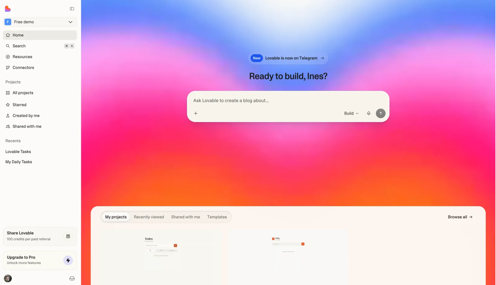 Current Lovable dashboard with the prompt field and project cards, from the official documentation