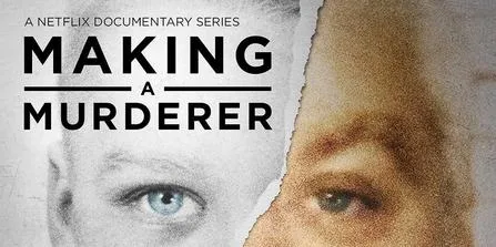 Making a Murderer poster: Steven Avery's face split by the title.