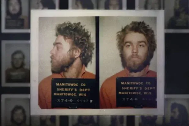 Booking photos of Steven Avery on a wall, from the series.