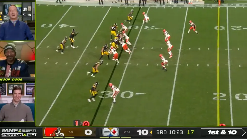A ManningCast broadcast: the game with the hosts and guests in side windows