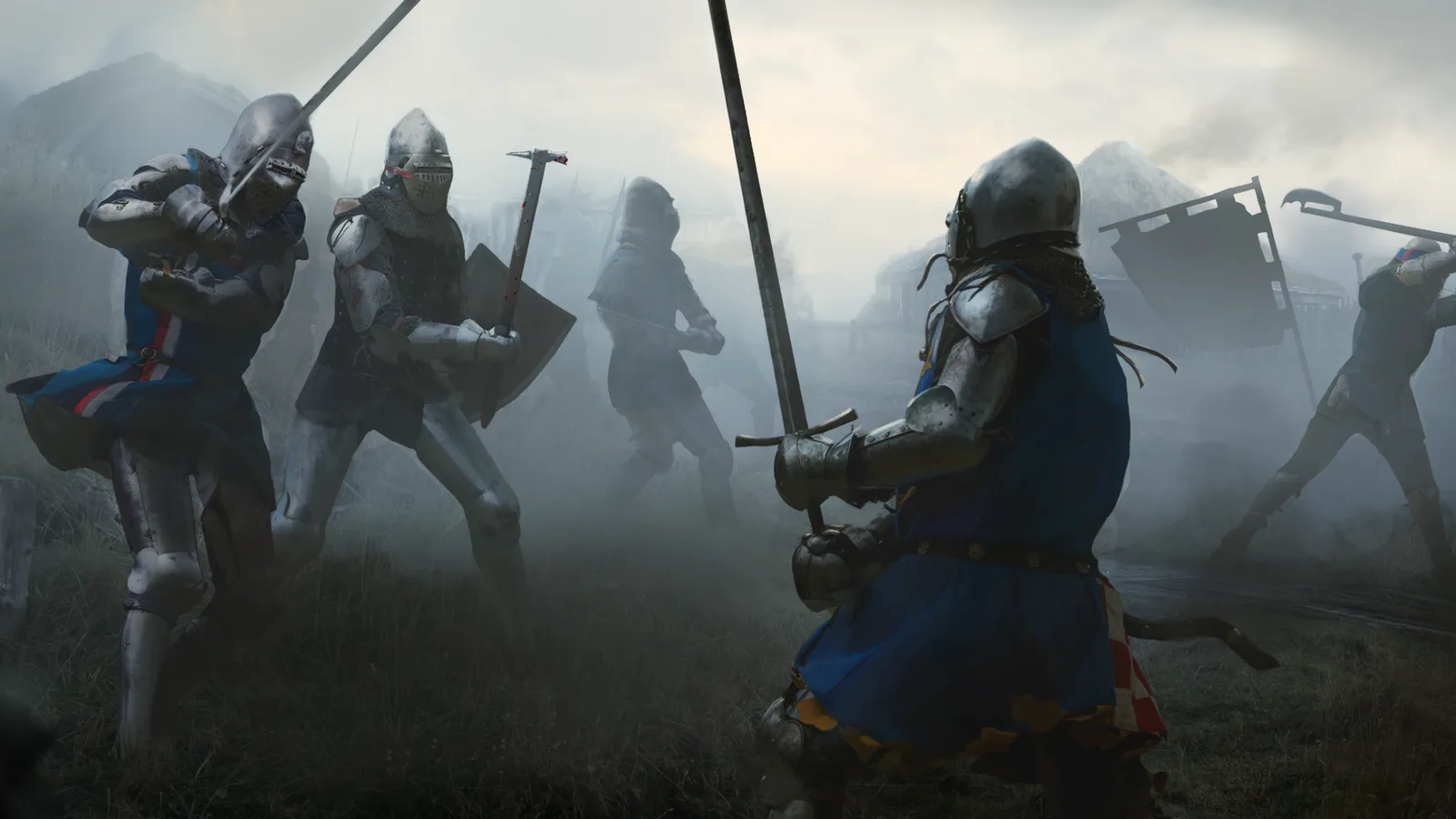 Three knights fighting on a misty battlefield
