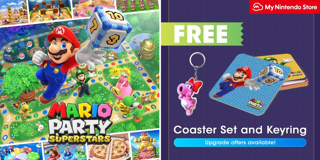 Pre-order Mario Party Superstars on Nintendo Store and receive a free Birdo keyring and set of 6 coasters