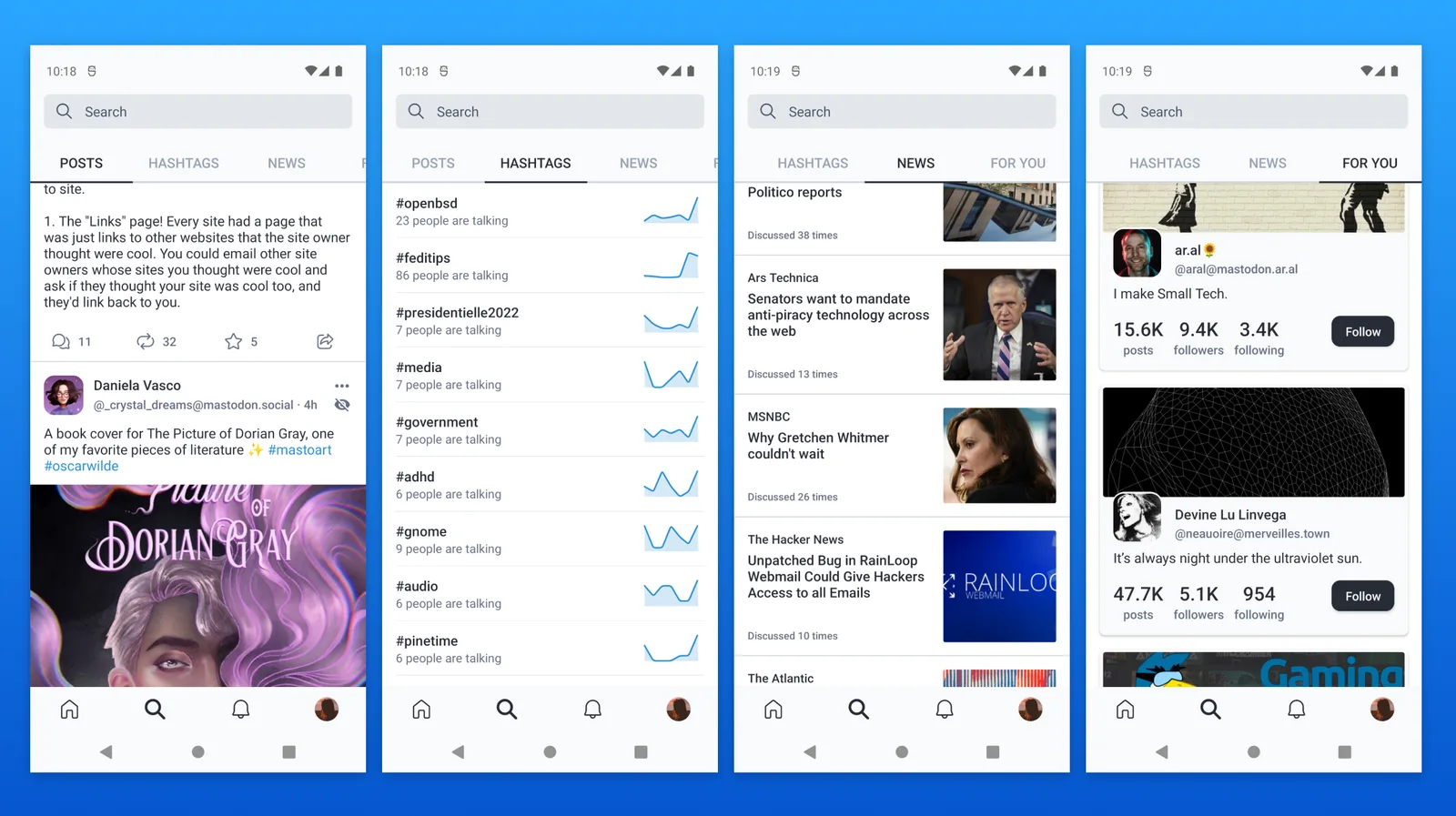 The official Mastodon Android app’s Explore screens, published in April 2022.